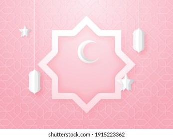 Paper Cut Crescent Moon With Stars, Lanterns Hang And Rub El Hizb On Pink Islamic Pattern Background.