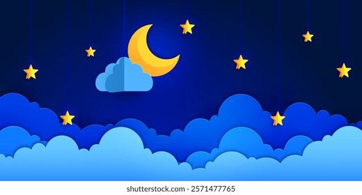 Paper cut crescent moon and stars on night sky with clouds, cartoon vector background. Dream or sleep and bedtime fairy tale background with paper cut clouds and stars hanging on strings in night sky