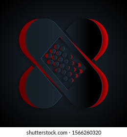 Paper cut Crossed bandage plaster icon isolated on black background. Medical plaster, adhesive bandage, flexible fabric bandage. Paper art style. Vector Illustration