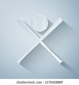 Paper cut Crossed baseball bats and ball icon isolated on grey background. Paper art style. Vector Illustration