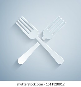 Paper cut Crossed fork icon isolated on grey background. Cutlery symbol. Paper art style. Vector Illustration