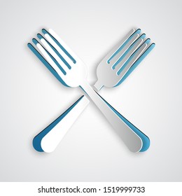 Paper cut Crossed fork icon isolated on grey background. Cutlery symbol. Paper art style. Vector Illustration