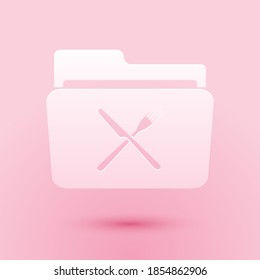 Paper cut Crossed fork and knife over folder icon isolated on pink background. Restaurant symbol. Paper art style. Vector.