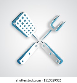 Paper cut Crossed fork and spatula icon isolated on grey background. BBQ fork and spatula sign. Barbecue and grill tools. Paper art style. Vector Illustration