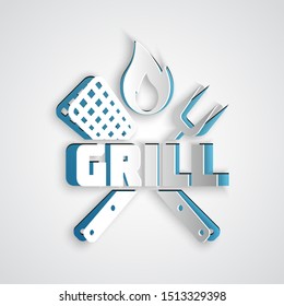 Paper cut Crossed fork and spatula icon isolated on grey background. Fire flame sign. BBQ fork and spatula sign. Barbecue and grill tools. Paper art style. Vector Illustration