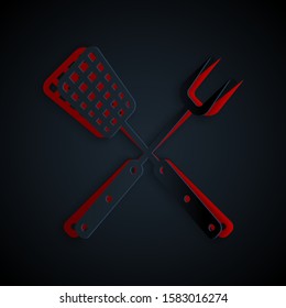 Paper cut Crossed fork and spatula icon isolated on black background. BBQ fork and spatula sign. Barbecue and grill tools. Paper art style. Vector Illustration