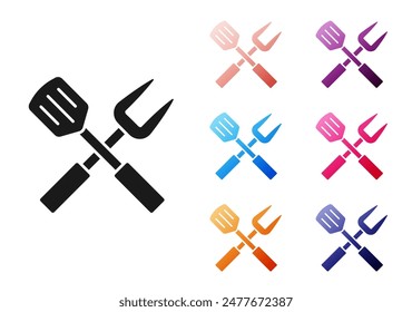 Paper cut Crossed fork and spatula icon isolated on grey background. BBQ fork and spatula sign. Barbecue and grill tools. Paper art style. Vector