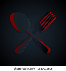 Paper cut Crossed fork and spoon icon isolated on black background. Cooking utensil. Cutlery sign. Paper art style. Vector Illustration