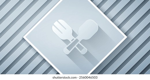 Paper cut Crossed fork and spoon icon isolated on grey background. Cooking utensil. Cutlery sign. Paper art style. Vector