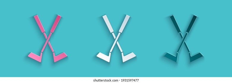 Paper cut Crossed golf club icon isolated on blue background. Paper art style. Vector