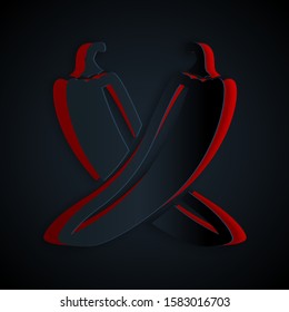 Paper cut Crossed hot chili pepper pod icon isolated on black background. Design for grocery, culinary products, seasoning and spice package. Paper art style. Vector Illustration
