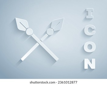 Paper cut Crossed medieval spears icon isolated on grey background. Medieval weapon. Paper art style. Vector