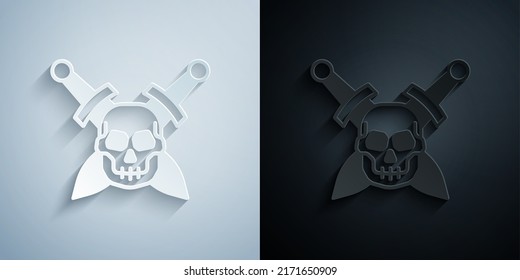 Paper cut Crossed medieval sword with skull icon isolated on grey and black background. Medieval weapon. Paper art style. Vector