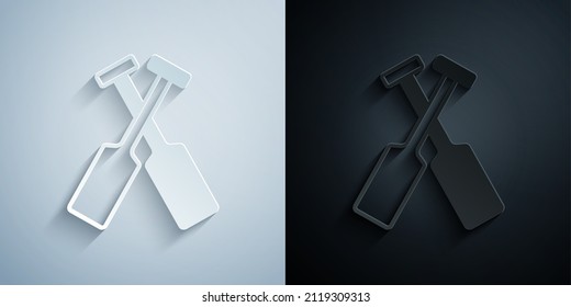 Paper cut Crossed oars or paddles boat icon isolated on grey and black background. Paper art style. Vector