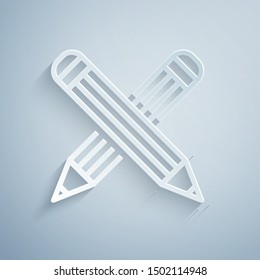 Paper cut Crossed pencil icon isolated on grey background. Education sign. Drawing and educational tools. School office symbol. Paper art style. Vector Illustration