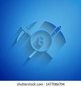 Paper cut Crossed pickaxe icon isolated on blue background. Blockchain technology, cryptocurrency mining, bitcoin, altcoins, digital money market. Paper art style. Vector Illustration