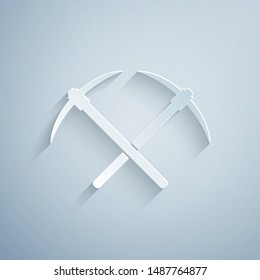 Paper cut Crossed pickaxe icon isolated on grey background. Blockchain technology, cryptocurrency mining, bitcoin, altcoins, digital money market. Paper art style. Vector Illustration