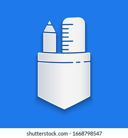 Paper cut Crossed ruler and pencil icon isolated on blue background. Straightedge symbol. Drawing and educational tools. Paper art style. Vector Illustration
