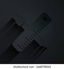 Paper cut Crossed ruler and pencil icon isolated on black background. Straightedge symbol. Drawing and educational tools. Paper art style. Vector Illustration