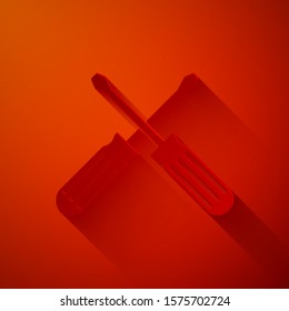 Paper cut Crossed screwdrivers icon isolated on red background. Service tool symbol. Paper art style. Vector Illustration