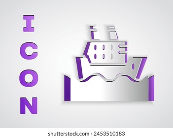 Paper cut Cruise ship in ocean icon isolated on grey background. Cruising the world. Paper art style. Vector