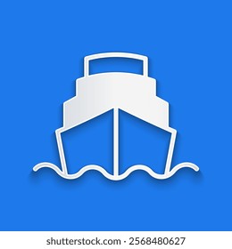 Paper cut Cruise ship in ocean icon isolated on blue background. Cruising the world. Paper art style. Vector