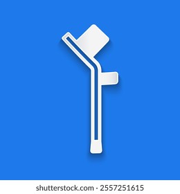 Paper cut Crutch or crutches icon isolated on blue background. Equipment for rehabilitation of people with diseases of musculoskeletal system. Paper art style. Vector