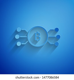 Paper cut Cryptocurrency bitcoin in circle with microchip circuit icon isolated on blue background. Blockchain technology, digital money market. Paper art style. Vector Illustration