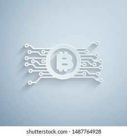 Paper cut Cryptocurrency bitcoin in circle with microchip circuit icon isolated on grey background. Blockchain technology, digital money market. Paper art style. Vector Illustration