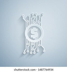 Paper cut Cryptocurrency bitcoin in circle with microchip circuit icon isolated on grey background. Blockchain technology, digital money market. Paper art style. Vector Illustration