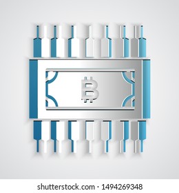 Paper cut Cryptocurrency bitcoin in circle with microchip circuit icon isolated on grey background. Blockchain technology, digital money market. Paper art style. Vector Illustration