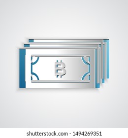 Paper cut Cryptocurrency bitcoin in circle with microchip circuit icon isolated on grey background. Blockchain technology, digital money market. Paper art style. Vector Illustration