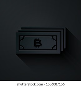 Paper cut Cryptocurrency bitcoin in circle with microchip circuit icon isolated on black background. Blockchain technology, digital money market. Paper art style. Vector Illustration