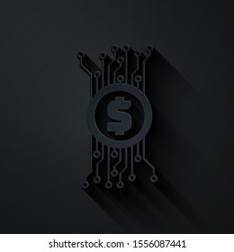 Paper cut Cryptocurrency bitcoin in circle with microchip circuit icon isolated on black background. Blockchain technology, digital money market. Paper art style. Vector Illustration
