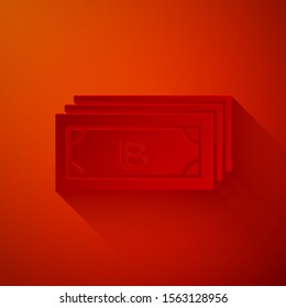 Paper cut Cryptocurrency bitcoin in circle with microchip circuit icon isolated on red background. Blockchain technology, digital money market. Paper art style. Vector Illustration