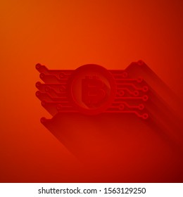 Paper cut Cryptocurrency bitcoin in circle with microchip circuit icon isolated on red background. Blockchain technology, digital money market. Paper art style. Vector Illustration