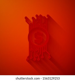 Paper cut Cryptocurrency bitcoin in circle with microchip circuit icon isolated on red background. Blockchain technology, digital money market. Paper art style. Vector Illustration