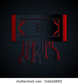 Paper cut Cryptocurrency bitcoin in circle with microchip circuit icon isolated on black background. Blockchain technology, digital money market. Paper art style. Vector Illustration