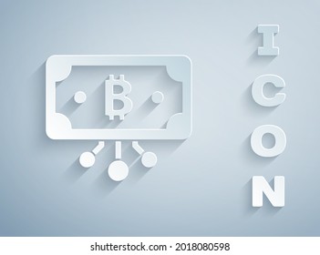 Paper cut Cryptocurrency bitcoin in circle with microchip circuit icon isolated on grey background. Blockchain technology, digital money market. Paper art style. Vector