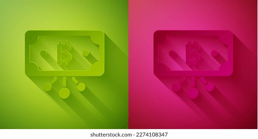 Recorte de papel Bitcoin criptodivisa en círculo con icono de circuito de microchip aislado en fondo verde y rosa. Tecnología Blockchain, mercado digital de dinero. Estilo de arte de papel. Vector