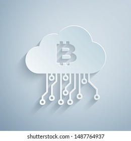 Paper cut Cryptocurrency cloud mining icon isolated on grey background. Blockchain technology, bitcoin, digital money market, cryptocoin wallet. Paper art style. Vector Illustration