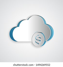 Paper cut Cryptocurrency cloud mining icon isolated on grey background. Blockchain technology, bitcoin, digital money market, cryptocoin wallet. Paper art style. Vector Illustration