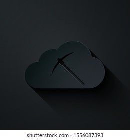 Paper cut Cryptocurrency cloud mining icon isolated on black background. Cloud with pickaxe, bitcoin, digital money market, cryptocoin wallet. Paper art style. Vector Illustration