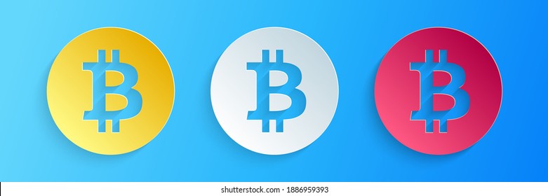 Paper cut Cryptocurrency coin Bitcoin icon isolated on blue background. Physical bit coin. Digital currency. Blockchain based secure crypto currency. Paper art style. Vector.