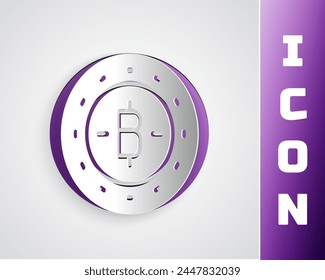 Paper cut Cryptocurrency coin Bitcoin icon isolated on grey background. Physical bit coin. Blockchain based secure crypto currency. Paper art style. Vector