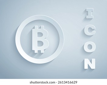 Paper cut Cryptocurrency coin Bitcoin icon isolated on grey background. Physical bit coin. Blockchain based secure crypto currency. Paper art style. Vector
