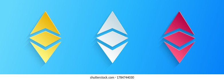 Paper cut Cryptocurrency coin Ethereum classic ETC icon isolated on blue background. Digital currency. Blockchain based secure cryptocurrency. Paper art style. Vector.