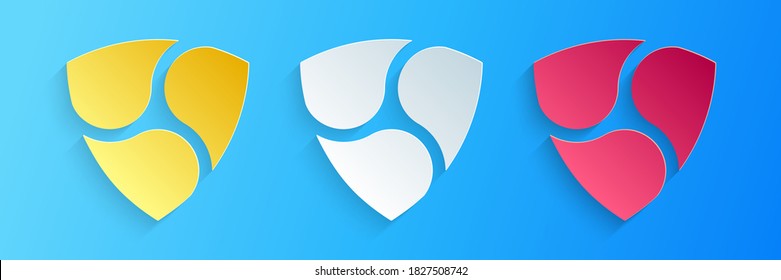 Paper cut Cryptocurrency coin NEM XEM icon isolated on blue background. Physical bit coin. Digital currency. Blockchain based secure crypto currency. Paper art style. Vector.