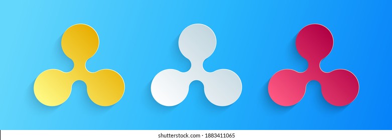 Paper cut Cryptocurrency coin Ripple XRP icon isolated on blue background. Digital currency. Altcoin symbol. Blockchain based secure crypto currency. Paper art style. Vector.