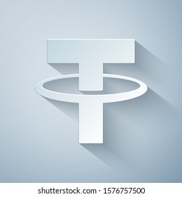 Paper cut Cryptocurrency coin Tether USDT icon on grey background. Physical bit coin. Digital currency. Altcoin symbol. Blockchain based secure crypto currency. Paper art style. Vector Illustration